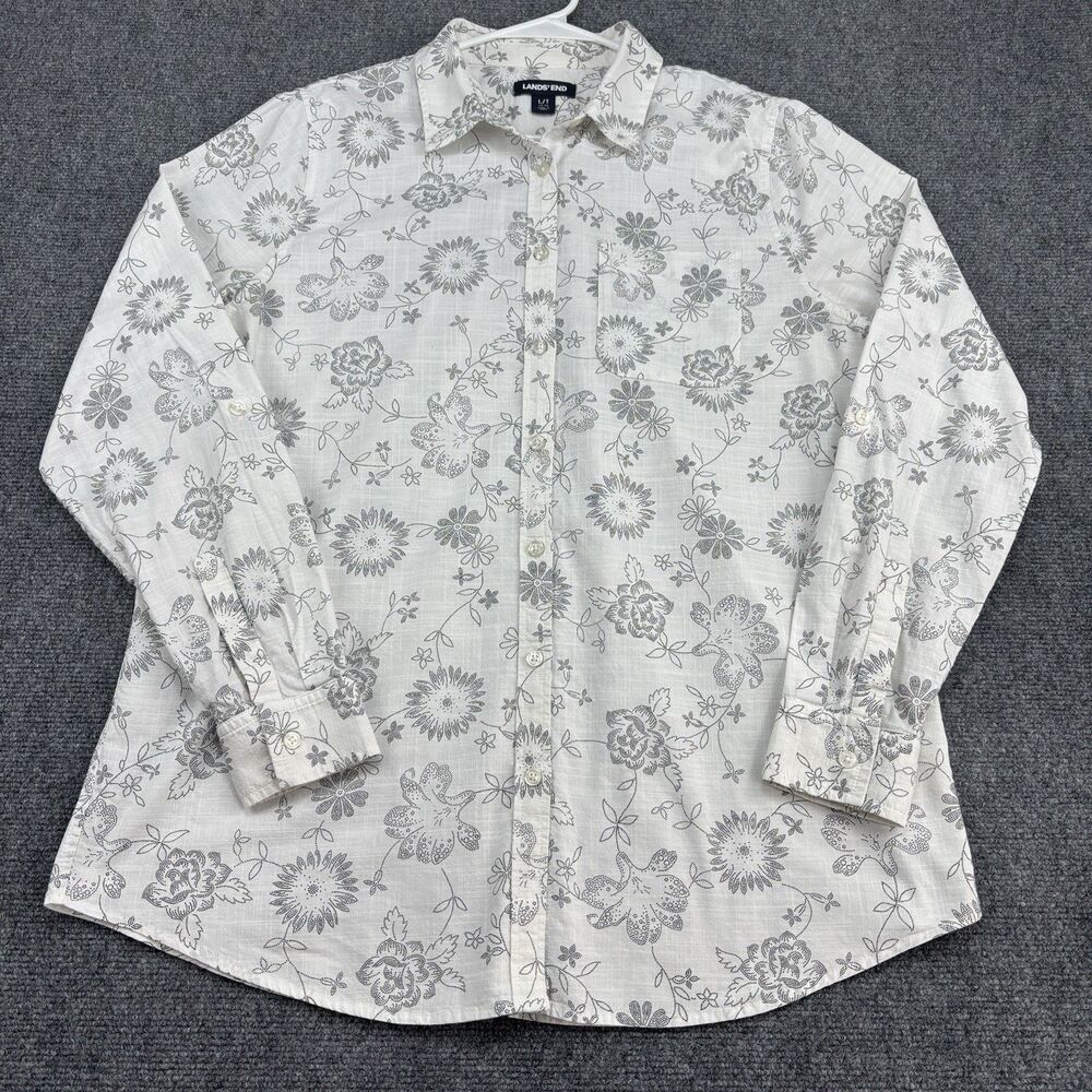 Lands End Womens L/T 14-16 White Gray Floral Cotton Button Shirt